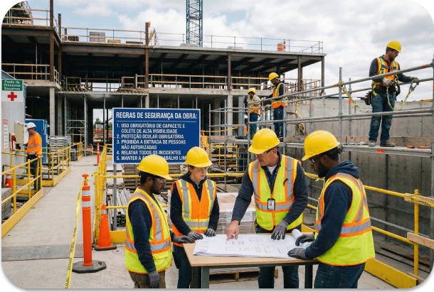 Equipe de construção civil com EPIs