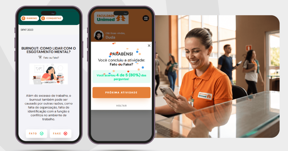 Mockup da plataforma da weex mostrando a campanha no celular de uma trabalhadora.