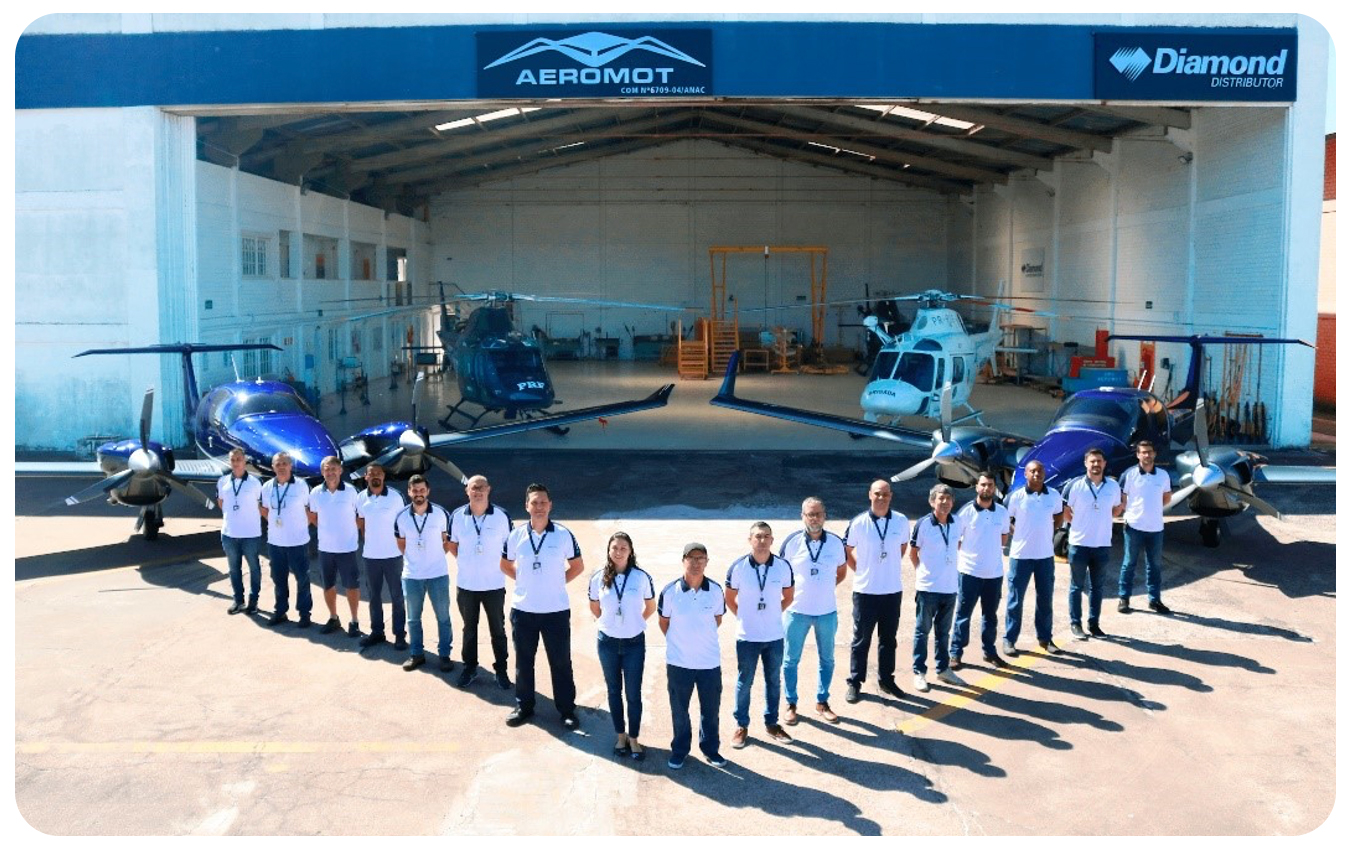 Imagem do time da aeromot em um hangar.