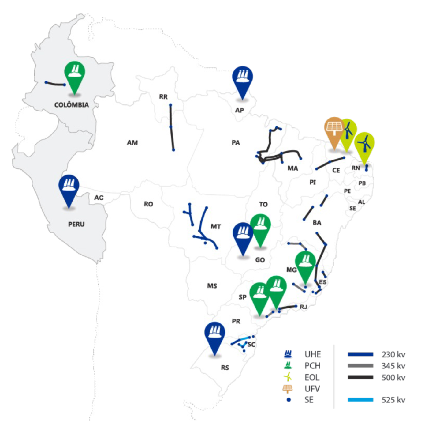 Mapa de atuação da Alupar nos estados do Brasil.