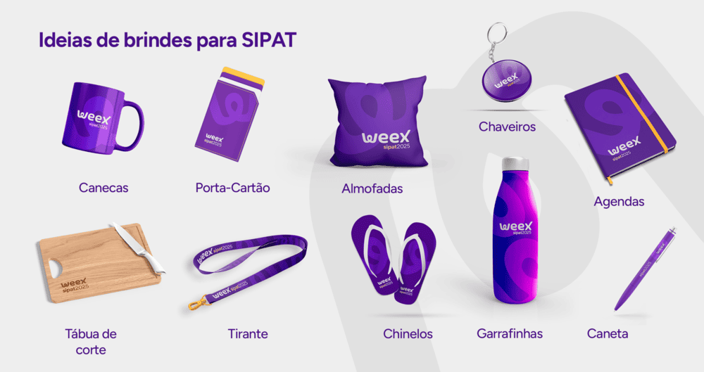 Imagem com fotografias de 10 opções de brindes para SIPAT.