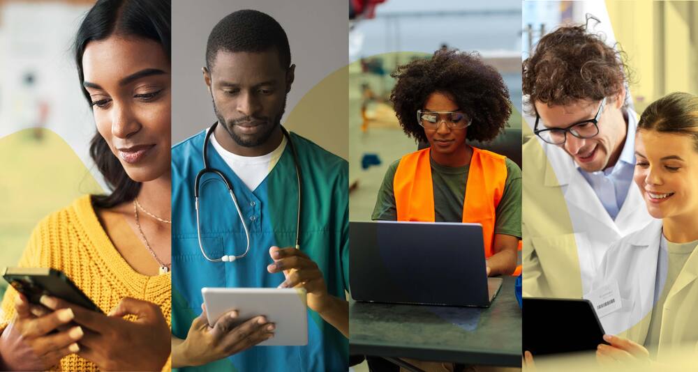 Imagem de trabalhadores de diferentes áreas usando dispositivos móveis.