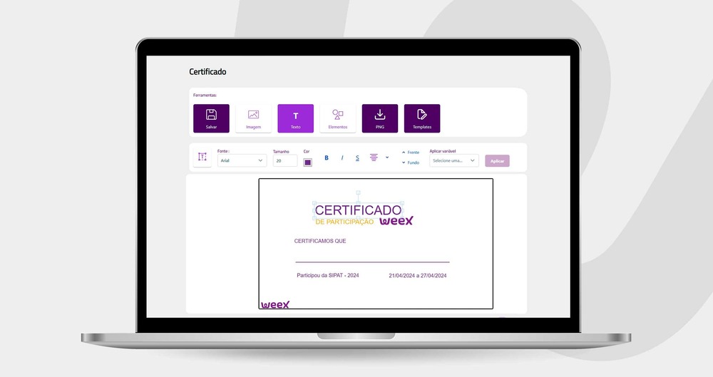 Imagem de um print de tela de um certificado da SIPAT Weex sendo montado.