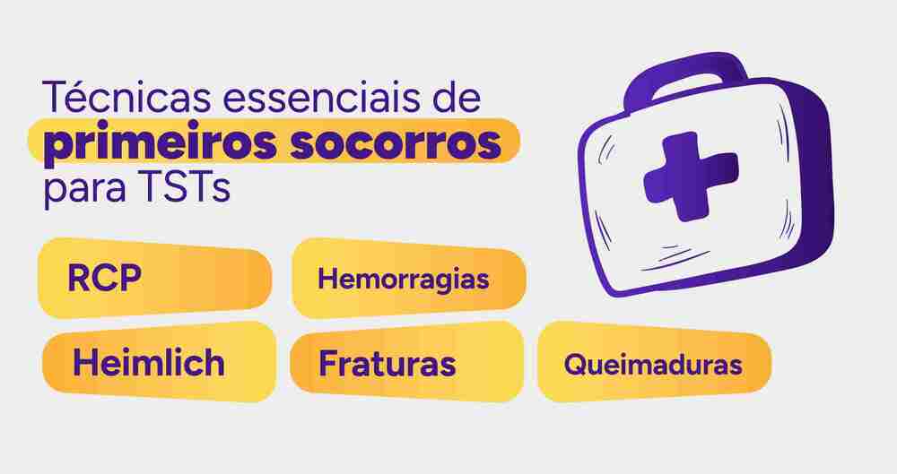 Infográfico com os nomes das técnicas essenciais de primeiros socorros.